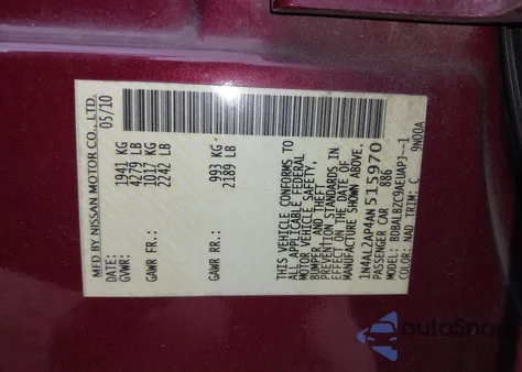 2010 Nissan Altima 2.5 S z USA, uszkodzony, nr VIN 1N4AL2AP4AN515970